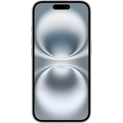 Apple iPhone 16, white, front view, display on with wallpaper