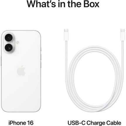 Apple iPhone 16, white, what's in the box card with phone and USB-C cable