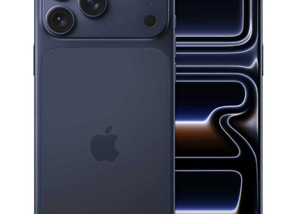 Apple iPhone 17 Pro Max, deep blue, rear and front angled view with abstract wallpaper