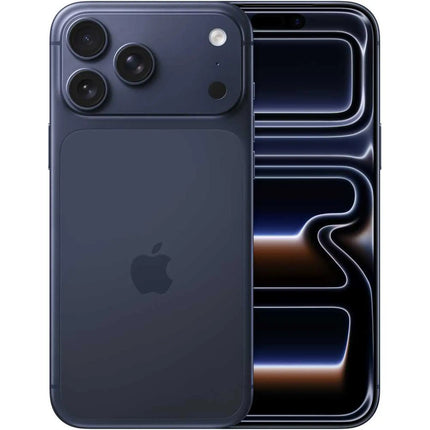 Apple iPhone 17 Pro Max, deep blue, rear and front angled view with abstract wallpaper