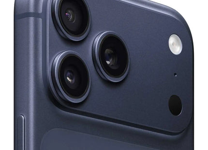 Apple iPhone 17 Pro Max, deep blue, rear view with triple camera system