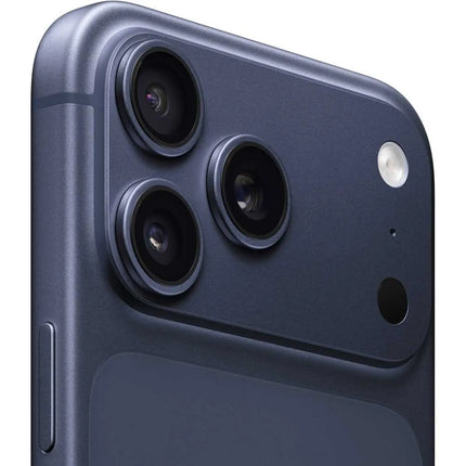 Apple iPhone 17 Pro, deep blue, rear camera module close-up