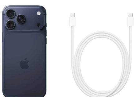 Apple iPhone 17 Pro Max, deep blue, box contents card showing phone and USB-C cable