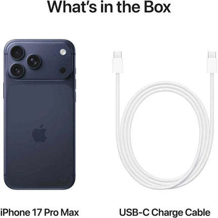 Apple iPhone 17 Pro Max, deep blue, box contents card showing phone and USB-C cable