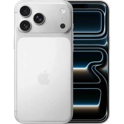 Apple iPhone 17 Pro Max, silver, rear and front angled view with abstract wallpaper