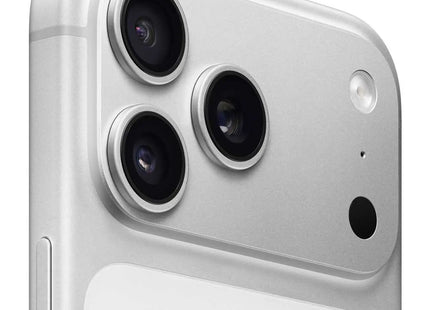 Apple iPhone 17 Pro, silver, rear close-up showing triple camera system