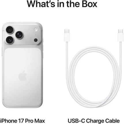 Apple iPhone 17 Pro, silver, box contents card showing phone and USB-C cable