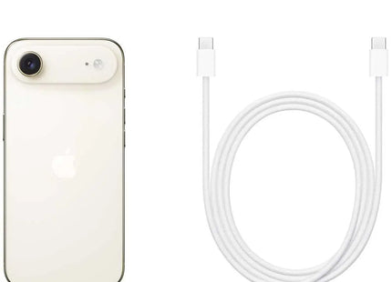 Apple iPhone Air, light gold/cream, box contents card showing phone and USB-C cable