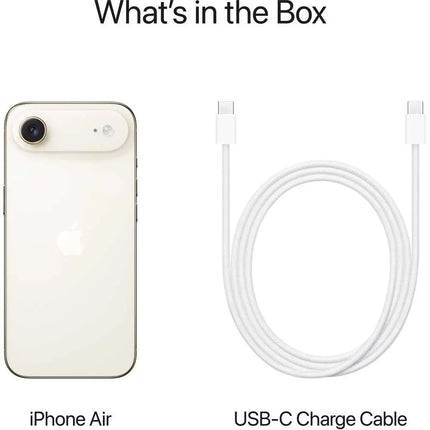 Apple iPhone Air, light gold/cream, box contents card showing phone and USB-C cable