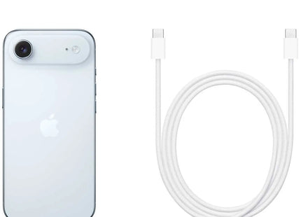 Apple iPhone Air, sky blue, box contents card showing phone and USB-C cable