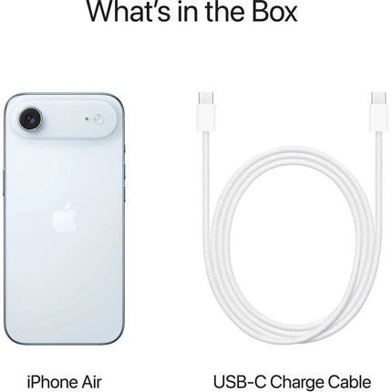 Apple iPhone Air, sky blue, box contents card showing phone and USB-C cable