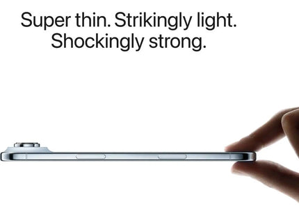 Apple iPhone Air, space black, infographic with thin profile in hand and feature text