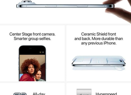 Apple iPhone Air, space black, infographic showing features: Center Stage, Ceramic Shield, A19