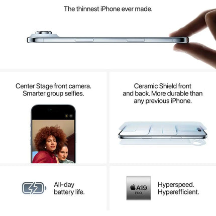 Apple iPhone Air, space black, infographic showing features: Center Stage, Ceramic Shield, A19
