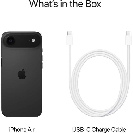 Apple iPhone Air, space black, box contents card showing phone and USB-C cable