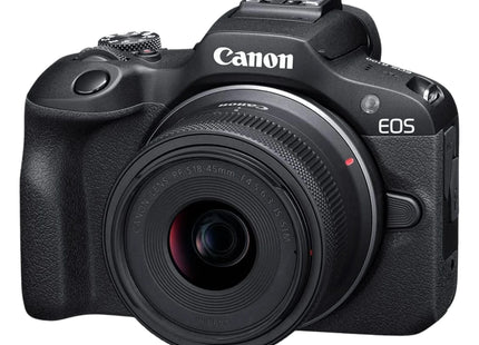 Canon EOS R100 with RF-S 18-45mm lens angled view