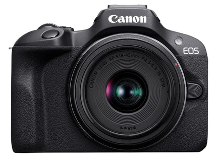 Canon EOS R100 with RF-S 18-45mm lens front view