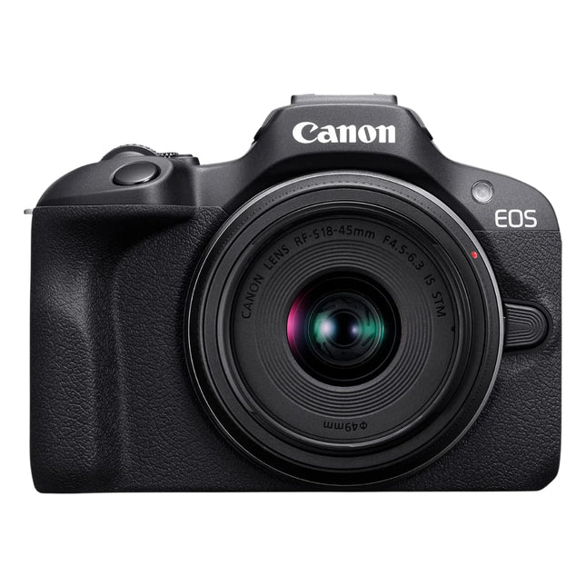 Canon EOS R100 with RF-S 18-45mm lens front view