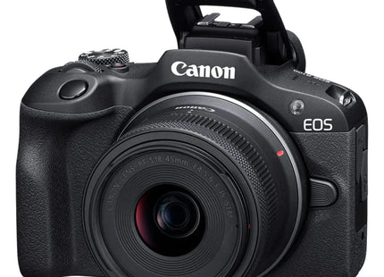 Canon EOS R100 with RF-S 18-45mm lens front three-quarter view