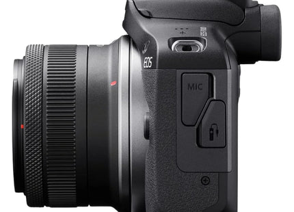 Canon EOS R100 with RF-S 18-45mm lens side view