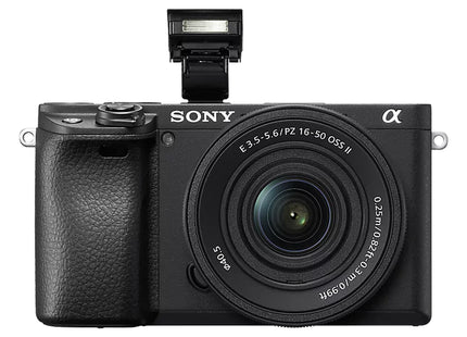 Sony Alpha 6400 camera, black, flash up, with 16-50mm lens