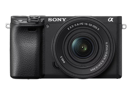 Sony Alpha 6400 camera, black, with 16-50mm lens, front view