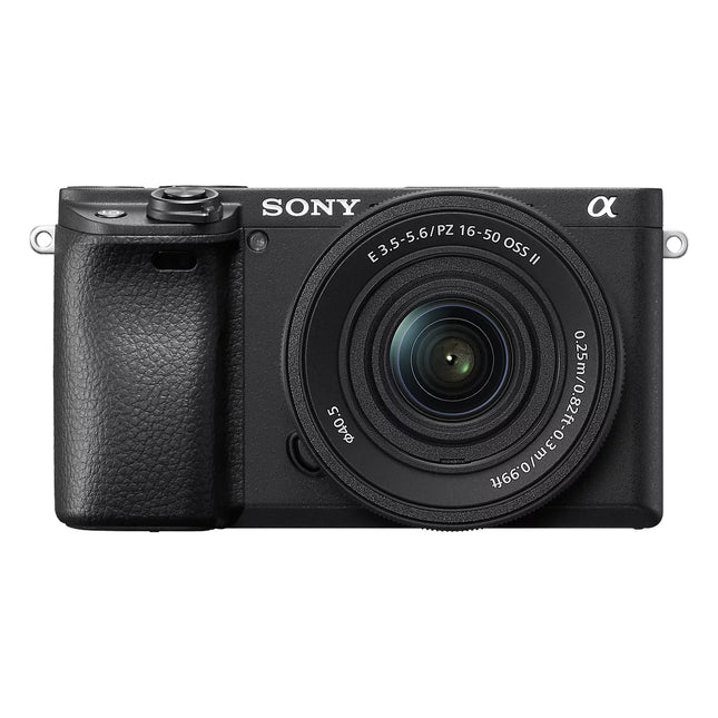 Sony Alpha 6400 camera, black, with 16-50mm lens, front view