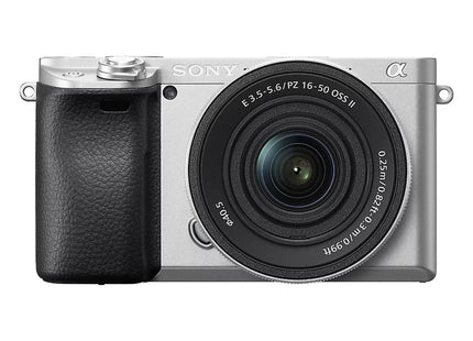 Sony Alpha 6400 camera, silver, with 16-50mm lens, front view