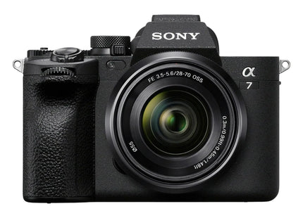Sony Alpha a7 IV with 28-70mm zoom lens, three-quarter view