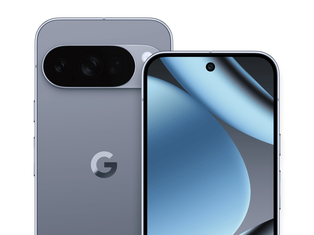Google Pixel 10 Pro, slate grey, rear and front angled pair