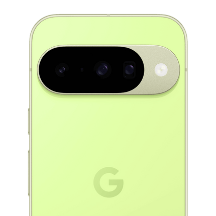Google Pixel 10, yellow-green, rear camera module close-up