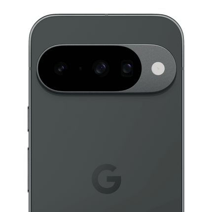 Google Pixel 10, charcoal, rear camera module close-up