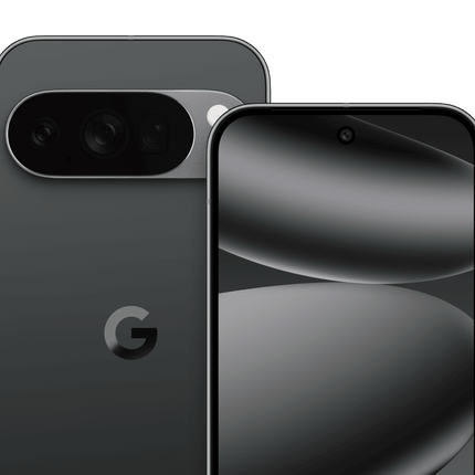 Google Pixel 10 Pro XL, obsidian, rear angled pair showing camera bar