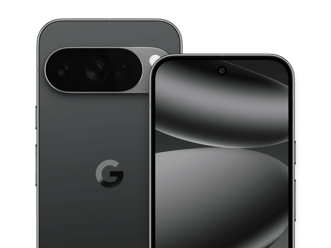 Google Pixel 10 Pro XL, obsidian, rear angled pair showing camera bar