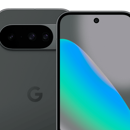 Google Pixel 10, charcoal, front and rear view pair