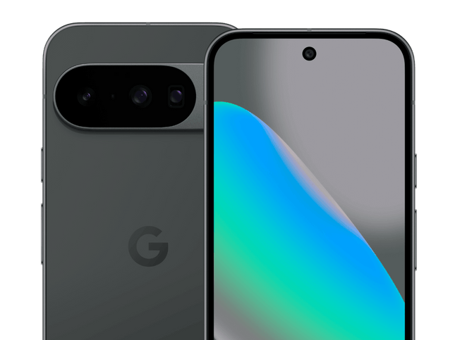Google Pixel 10, charcoal, front and rear view pair