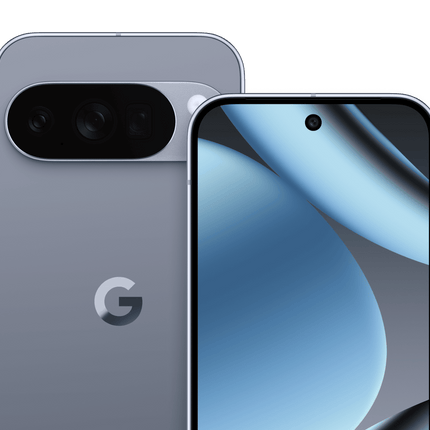 Google Pixel 10 Pro XL, steel blue, rear and front angled view pair