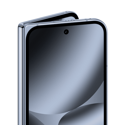 Google Pixel 10 Pro Fold, silver/grey, outer cover screen partially folded angled view