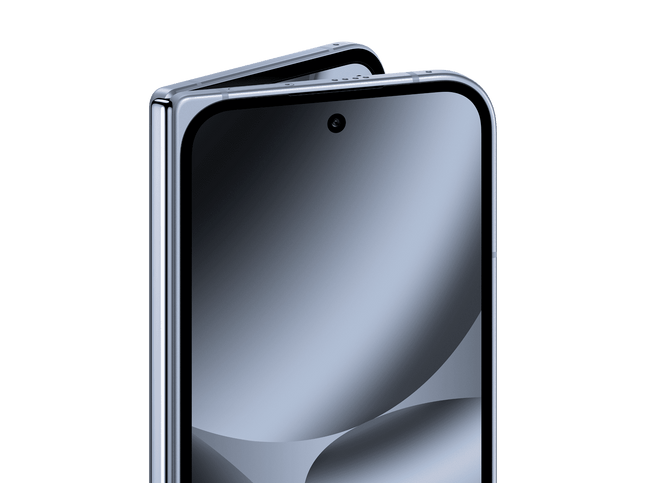 Google Pixel 10 Pro Fold, silver/grey, outer cover screen partially folded angled view