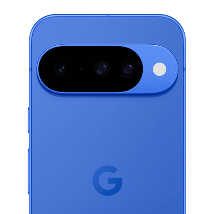 Google Pixel 10, blue, rear camera module close-up