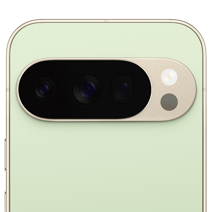 Google Pixel 10 Pro XL, light green, rear camera bar close-up