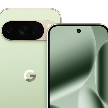 Google Pixel 10 Pro, sage green, rear and front angled pair