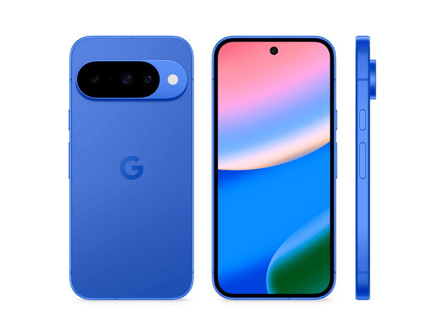 Google Pixel 10, blue, front and side view pair