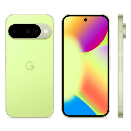 Google Pixel 10, yellow-green, front and side view pair